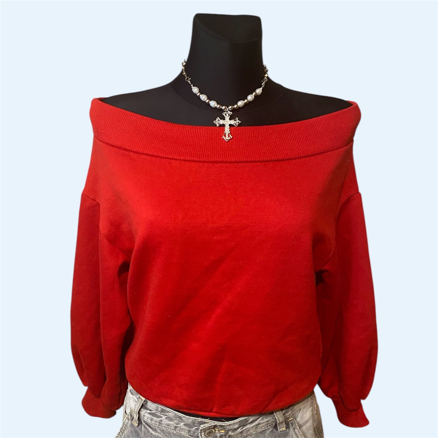 Red off-shoulder sweater