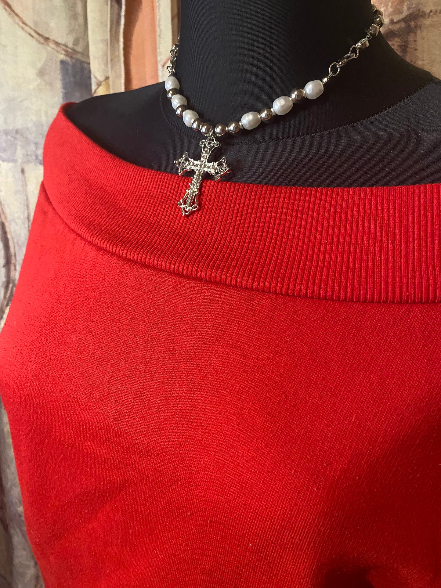 Red off-shoulder sweater