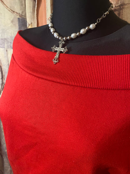 Red off-shoulder sweater