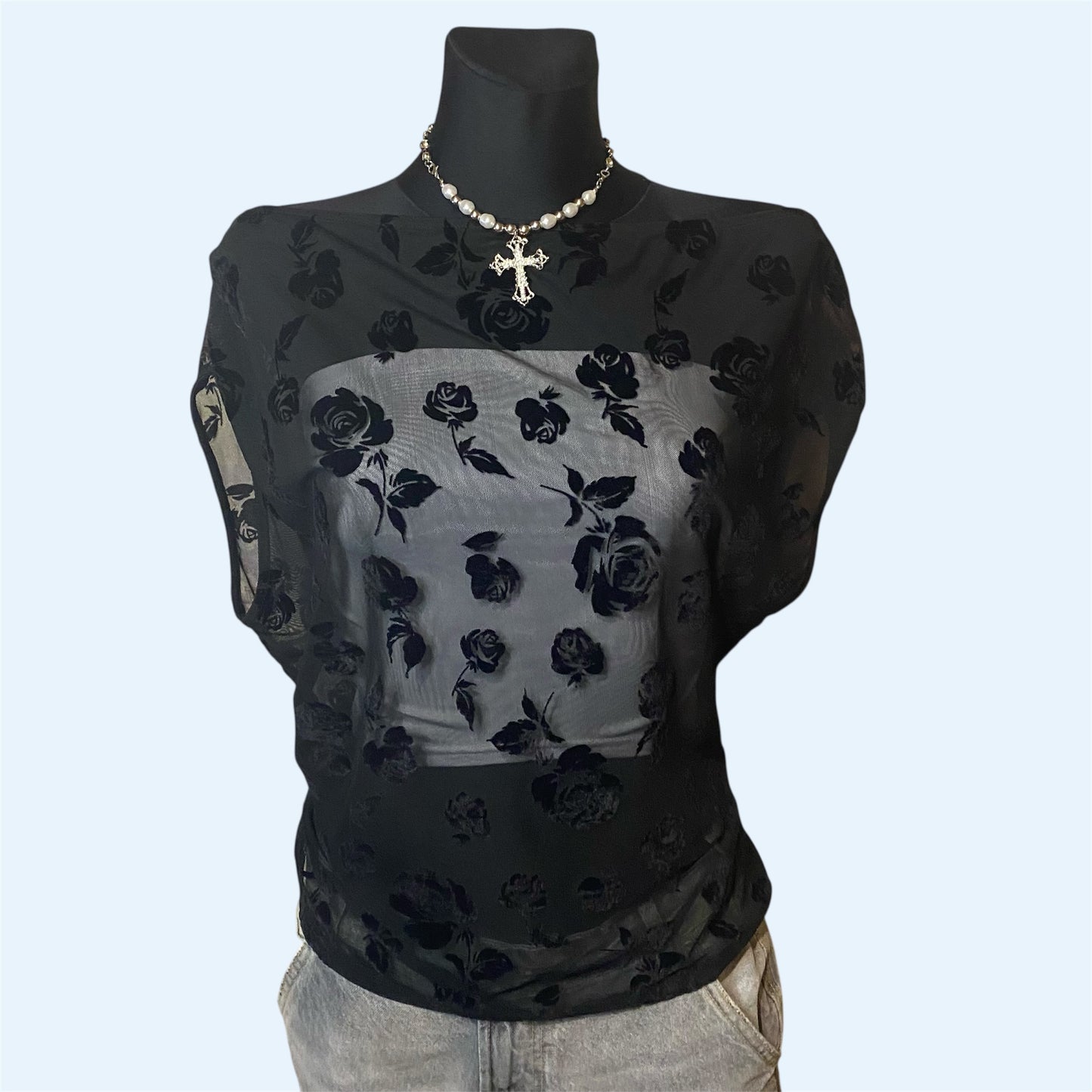 Off-shoulder floral mesh top