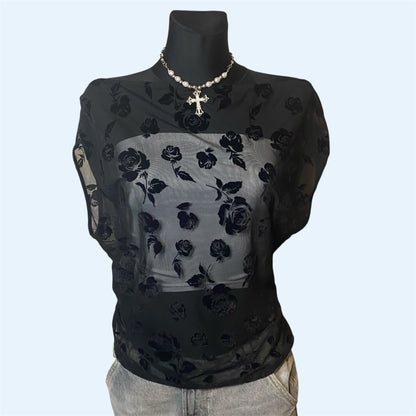 Off-shoulder floral mesh top