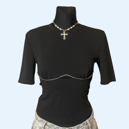 Black t-shirt with rhinestone details
