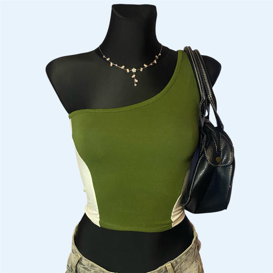 One-shoulder olive green top