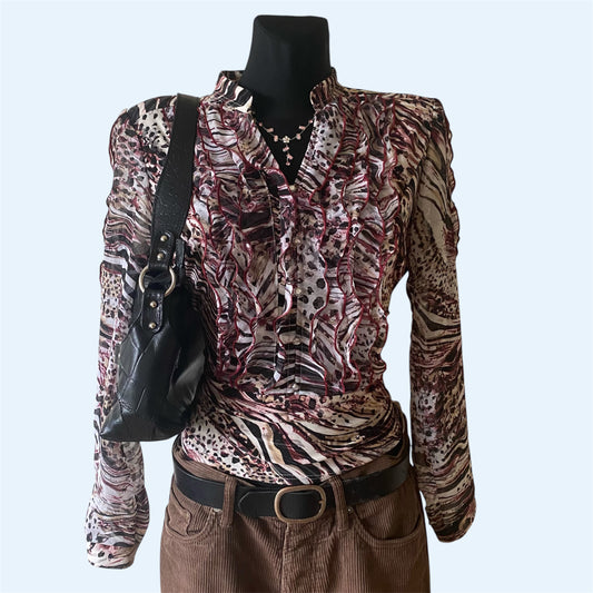 Vintage patterned and ruffled blouse